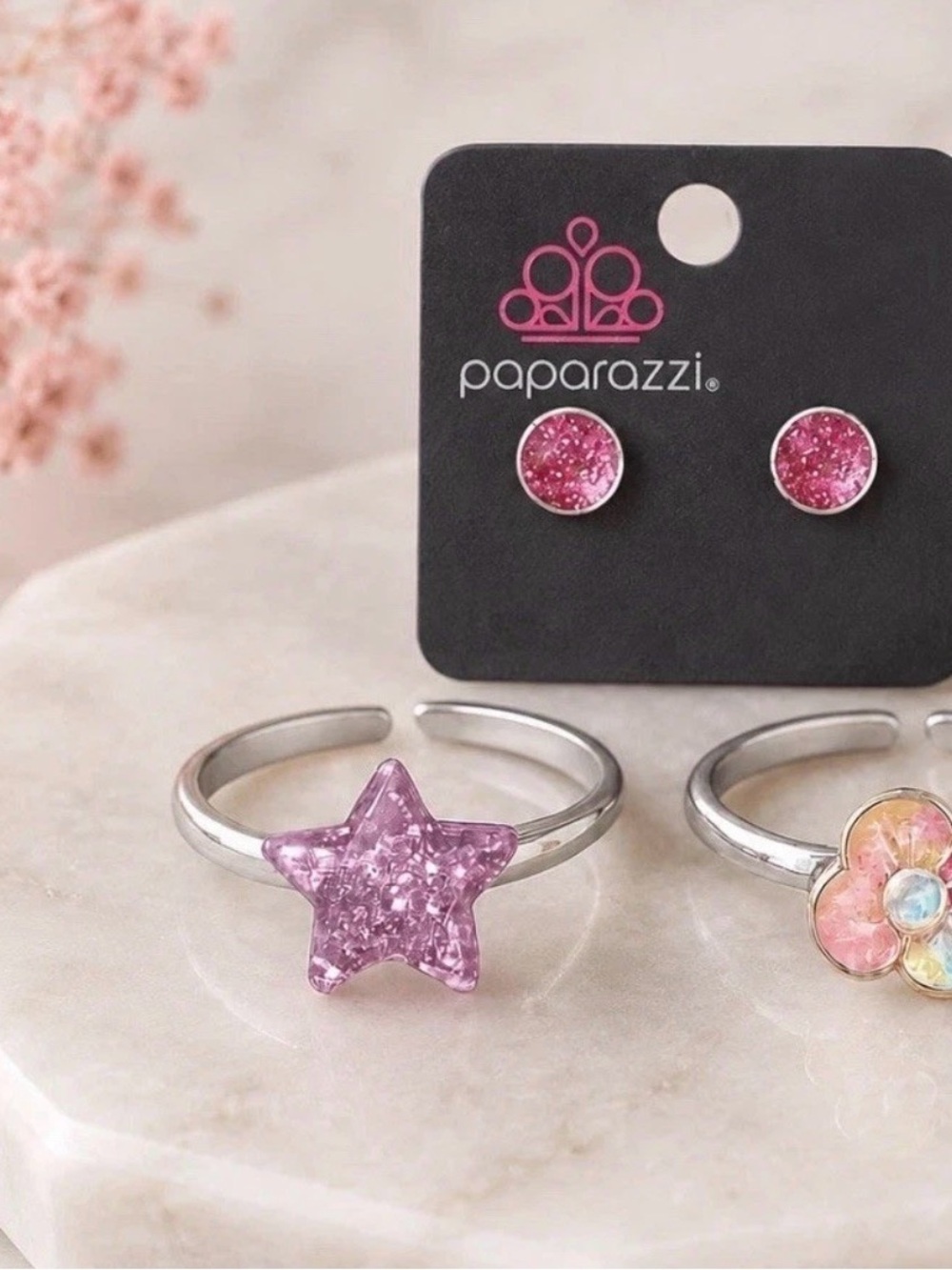 paparazzi Pink Glitter Star Kids Ring with Silver Band